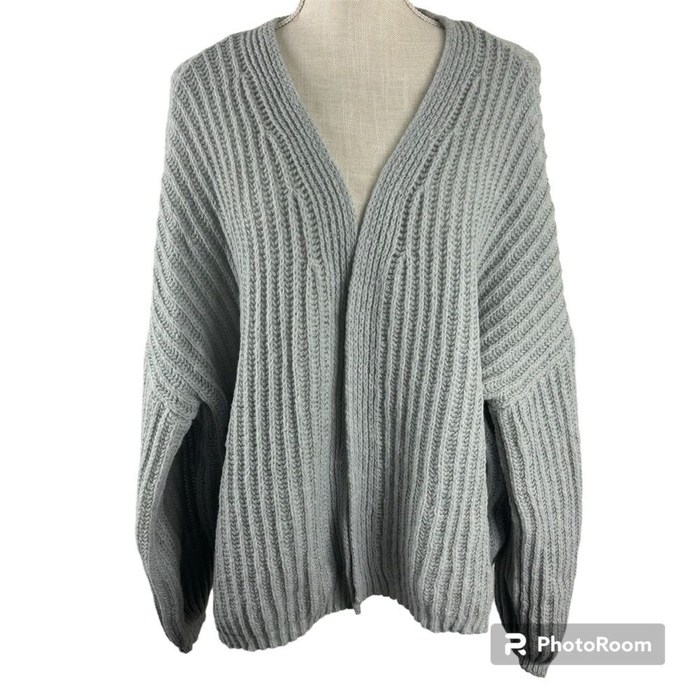 SHEIN Gray Balloon Sleeve Open Front Cardigan Sweater Large Knit Cozy EUC - Picture 2 of 11